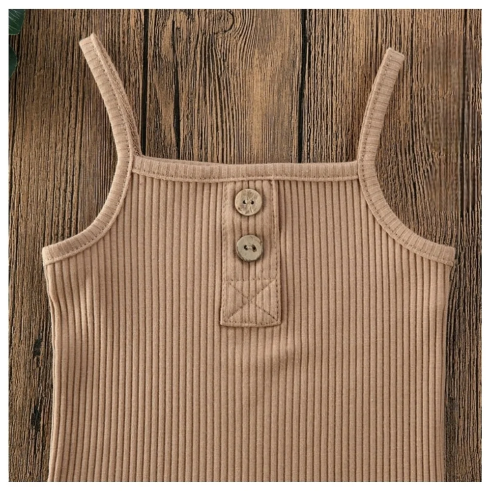 Baby Girl Boy Ribbed 2Pc Set Khaki Bodysuit Ruffle Bloomer Neutral Outfit 12-18M